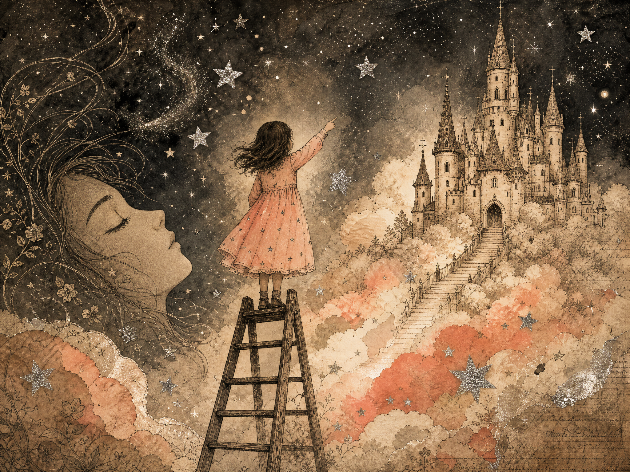 Little girl standing on a wooden ladder points at stars above a fairytale castle and dreaming celestial face