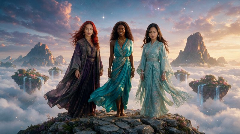 Three diverse magical goddesses stand on a rocky peak above floating islands and a sea of clouds ...