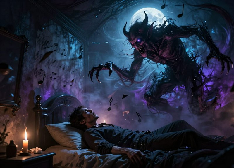 Horned shadow demon looms over a terrified sleeper in bed as musical notes drift through a moonli...