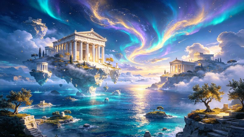 Floating ancient Greek temple islands sit above a turquoise sea under swirling glowing aurora skies