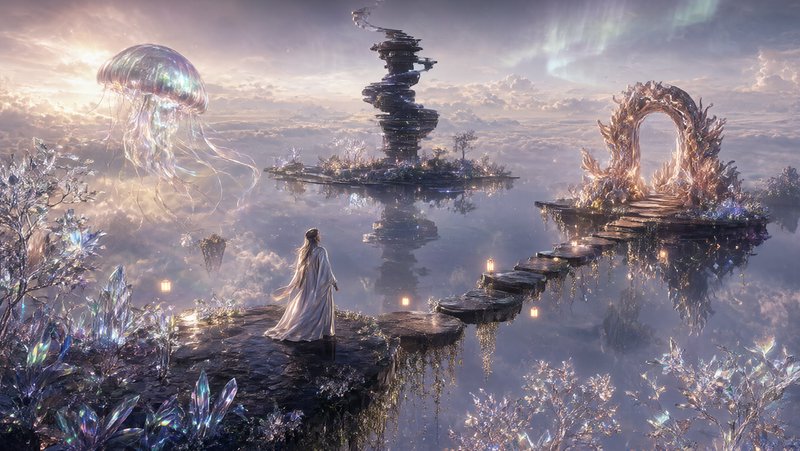 Robed fantasy figure stands on a crystal shore gazing at floating jellyfish and magical islands a...