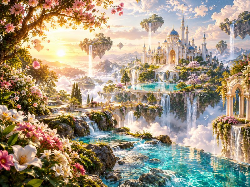 Ornate fantasy castle sits on floating islands above a sea of clouds, framed by blooming flowers ...