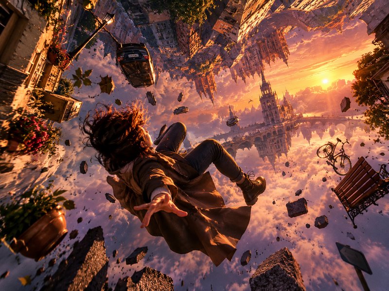 Person mid-fall through a surreal gravity-defying floating city at golden sunset