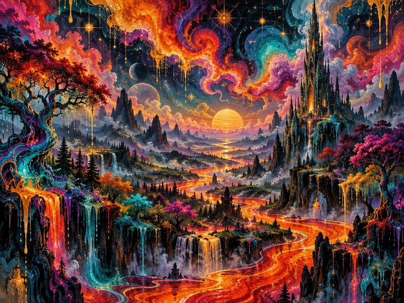 Surreal fantasy landscape with swirling cosmic sky, glowing winding river, spired castle and colo...