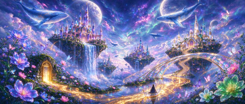 Glowing floating crystal castles sit on sky islands, with flying whales, giant flowers, and a lon...