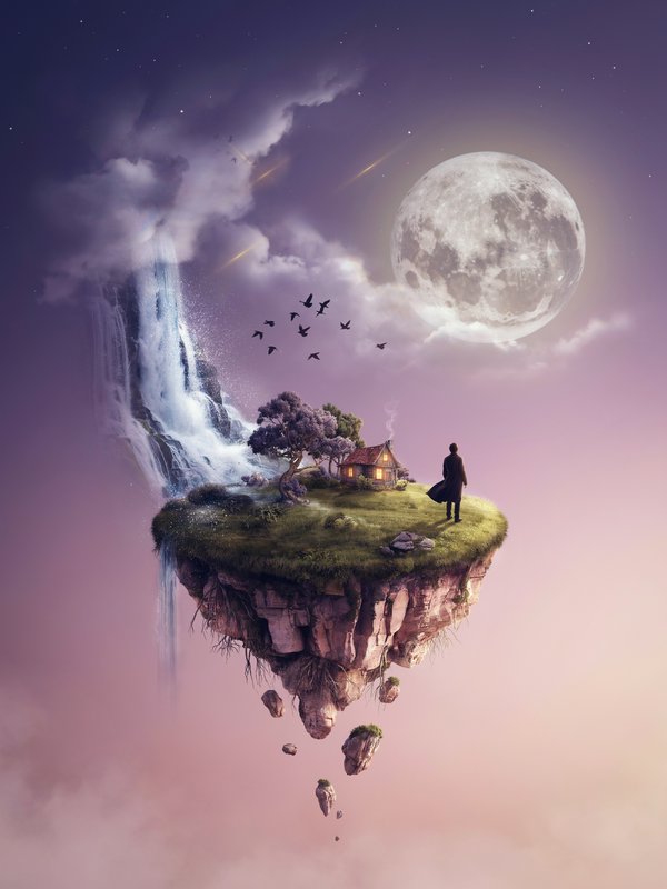 Lone figure stands on a floating fantasy island beneath a glowing full moon at twilight