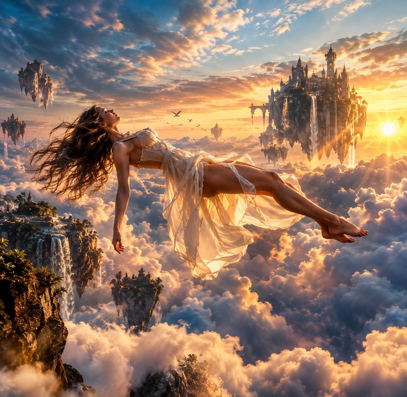 Woman in a flowing sheer dress floats weightless above a sea of clouds with floating fantasy cast...