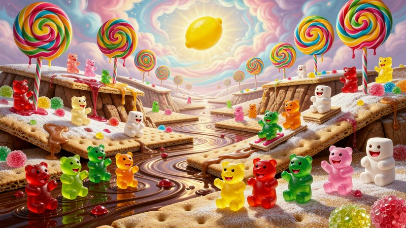Whimsical candy land landscape with cheerful gummy bears, rainbow lollipops, and a flowing chocol...