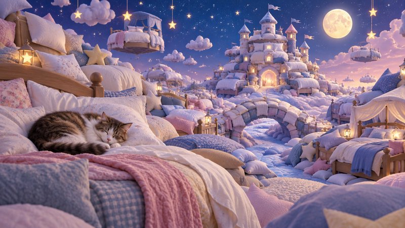 Tabby cat sleeps on a plush bed in a whimsical pillow cloud dreamscape under a glowing full moon
