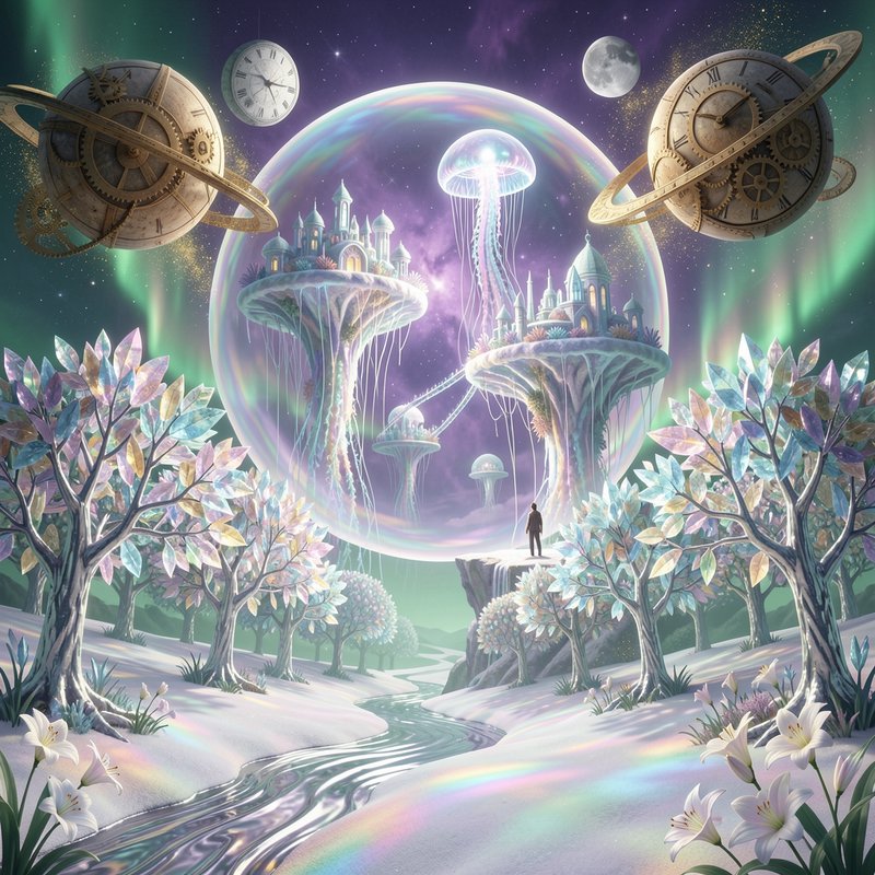 Lone figure stands overlooking surreal floating fantasy castles, steampunk clock orbs and crystal...
