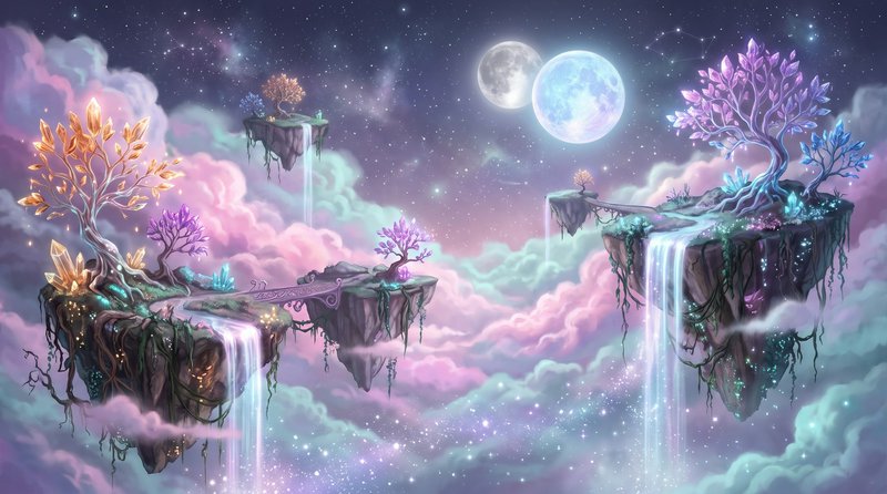 Floating magical islands with glowing crystal trees, cascading waterfalls, and twin moons above a...