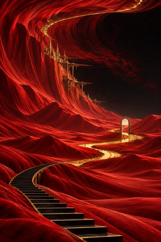 Surreal red velvet fantasy landscape with golden cliffside castle, winding staircase, and glowing...