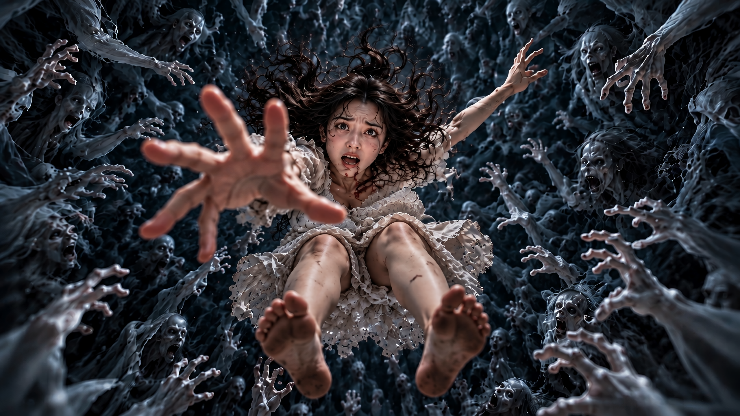 Terrified young woman reaches toward the viewer surrounded by grasping ghostly ghoul hands