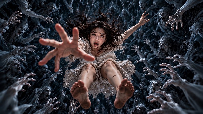 Terrified young woman reaches toward the viewer surrounded by grasping ghostly ghoul hands