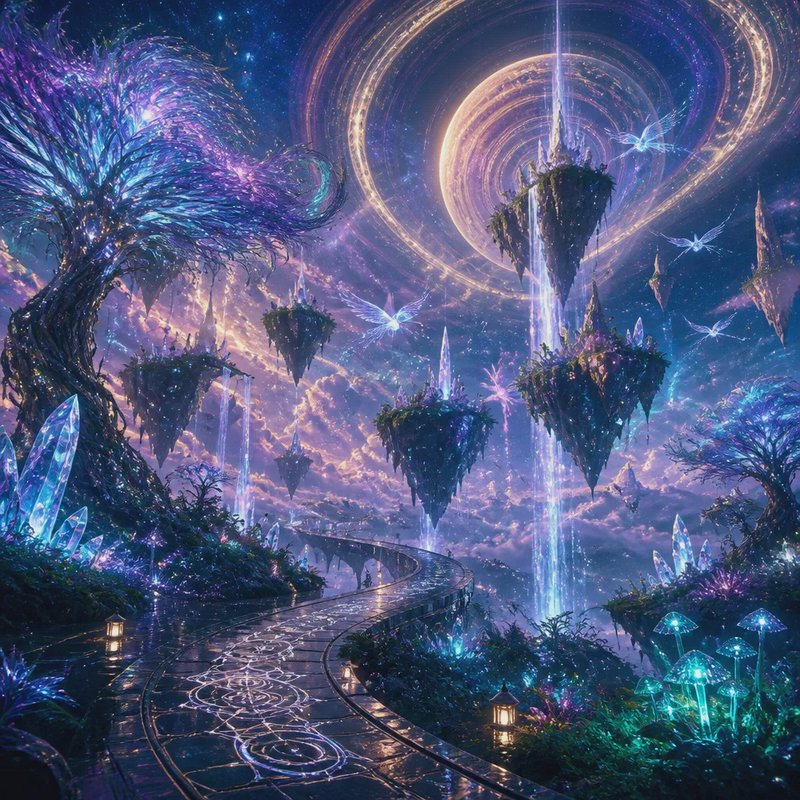 Ethereal fantasy realm with floating islands, glowing bioluminescent trees, crystals, and a swirl...