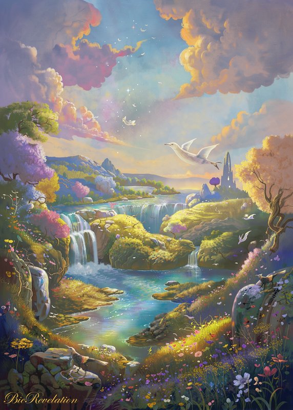 Enchanted fantasy landscape with cascading waterfalls, pastel clouds, wildflowers, and white bird...