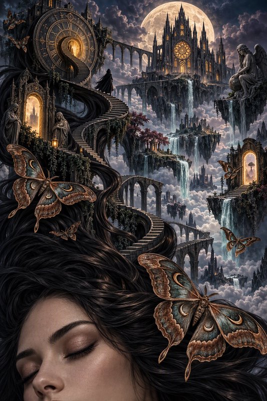 Sleeping woman whose dark hair transforms into a surreal floating fantasy realm under a glowing f...