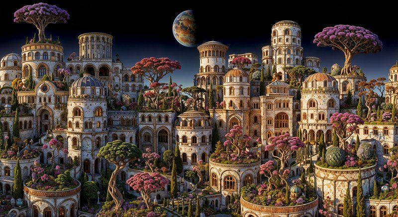 Ornate fantasy hilltop city with domed stone towers, alien blossom trees, and a distant planet in...