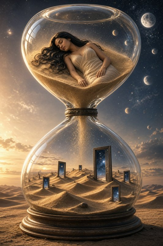 Woman sleeping on sand inside a giant hourglass with cosmic doorways and starry planetary sky