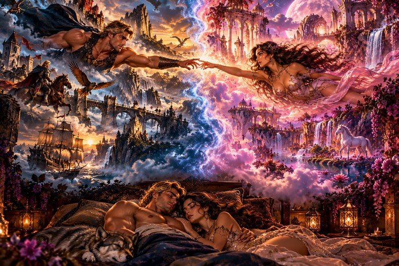 Surreal fantasy artwork of a sleeping couple, their shared dream showing them reaching across a g...