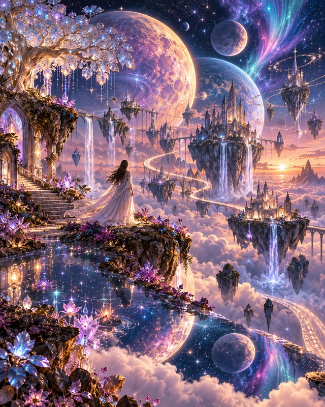 Woman in an ethereal gown gazes at floating fantasy castles above clouds beneath a starry sky of ...