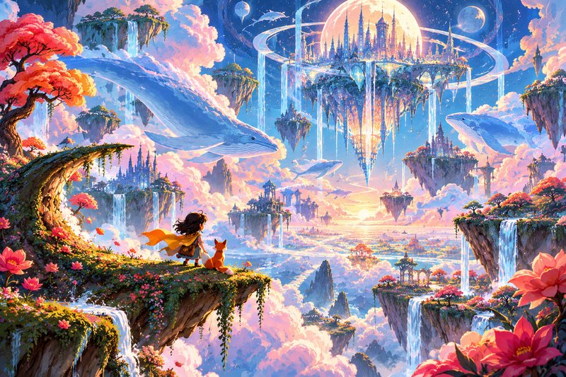 Girl with fox companion stands on a flowered floating cliff overlooking a magical sky realm with ...