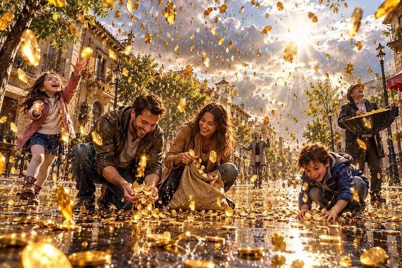 Joyful townspeople collect falling gold coins during a magical coin rain on a sunlit town street