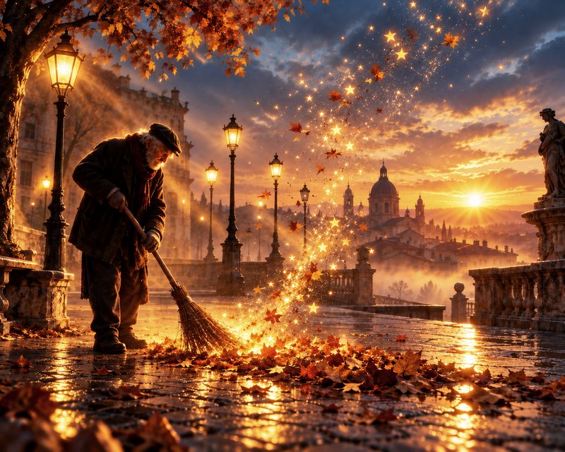 Elderly street sweeper brushes glowing star-like autumn leaves from a wet cobblestone bridge at g...