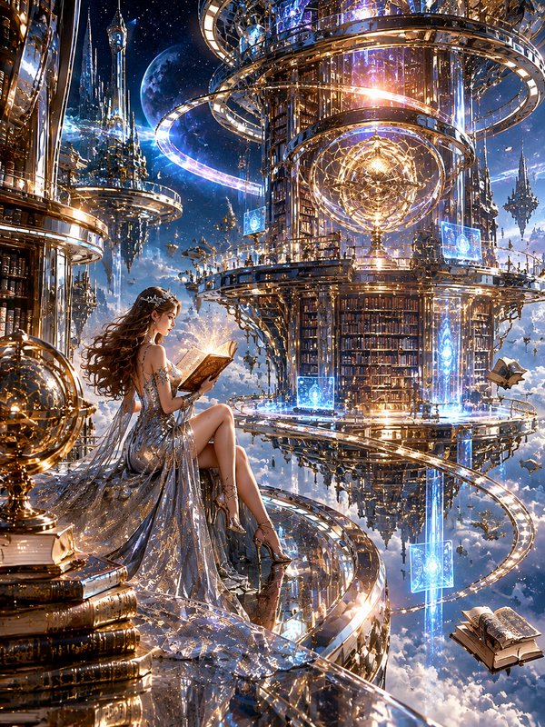 Regal woman in a shimmering silver gown reads a glowing book inside a floating celestial library ...