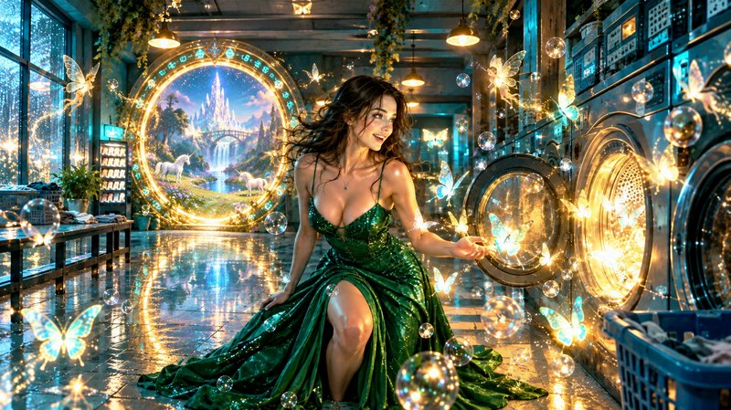 Woman in a shimmering green gown kneels in a magical laundromat beside a glowing fairy tale portal