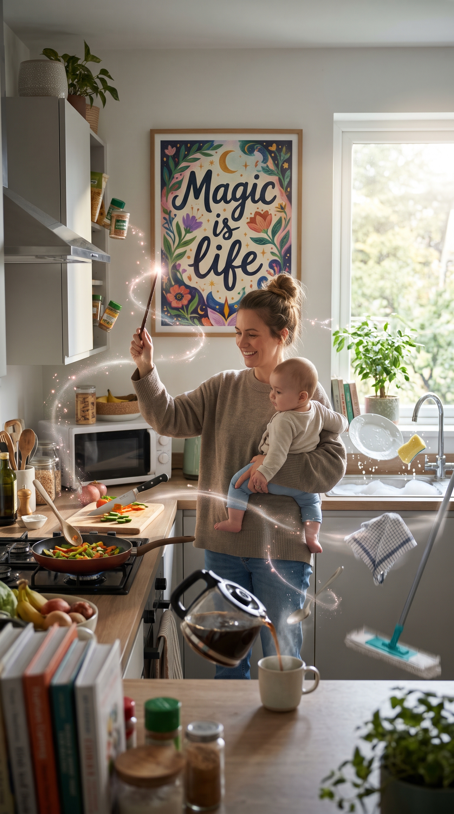 Smiling mother holding a baby uses a glowing magic wand to complete chores in a cozy sunlit kitchen