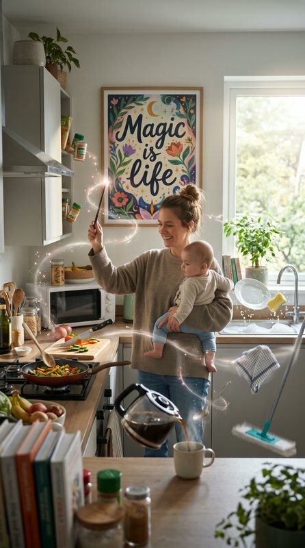 Smiling mother holding a baby uses a glowing magic wand to complete chores in a cozy sunlit kitchen