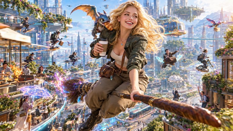 Grinning young woman rides a flying broom with coffee and a tiny pet dragon over a magical floati...