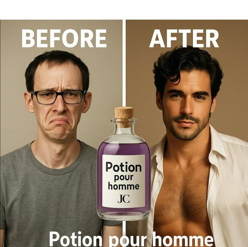 Funny before after comparison showing dramatic male transformation next to a men's beauty potion ...