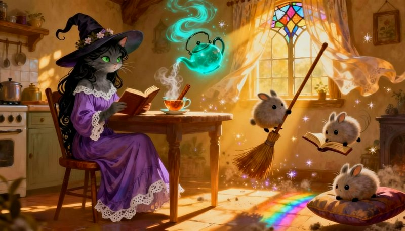 Anthro cat witch reads at a cottage table as glowing teapot and fluffy magical familiars float ar...