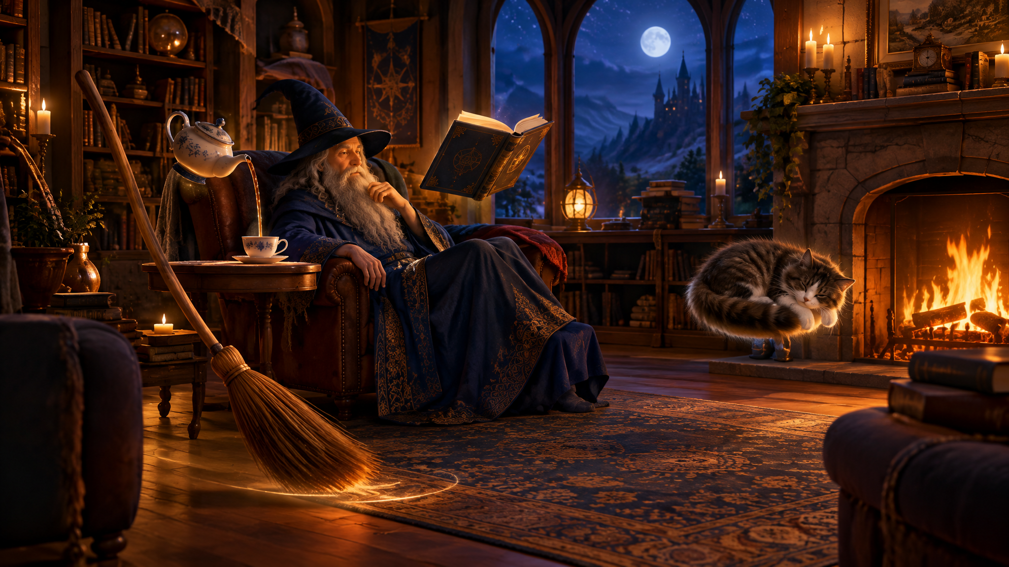 Wise old wizard relaxes in a cozy candlelit tower study surrounded by floating magical objects at night
