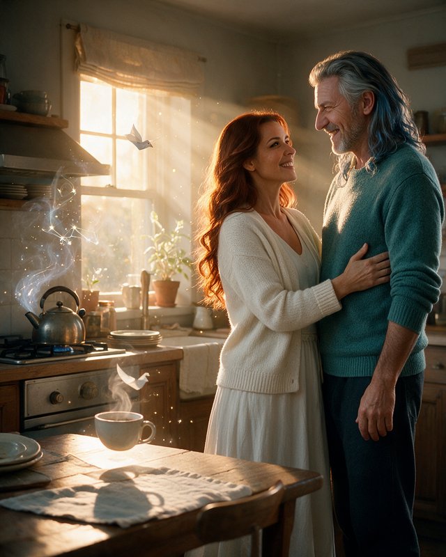 Smiling mature couple gaze lovingly at one another in a sunlit cozy cottage kitchen with floating...
