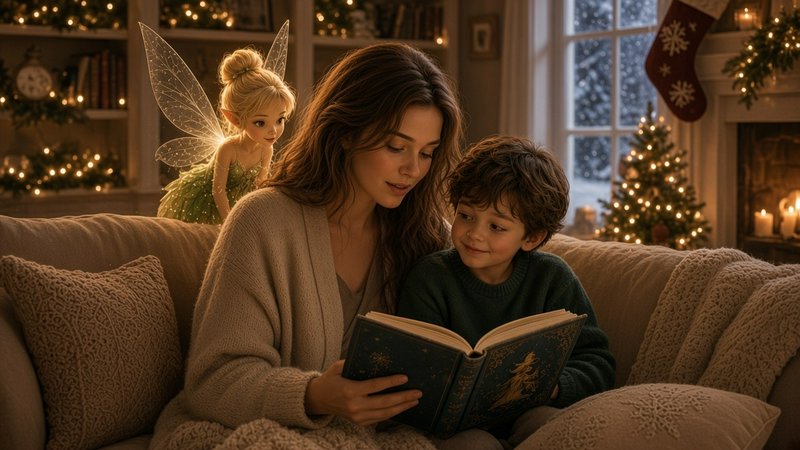 Mother reads a fairy tale to her young son while a tiny winged fairy watches in a cozy Christmas ...