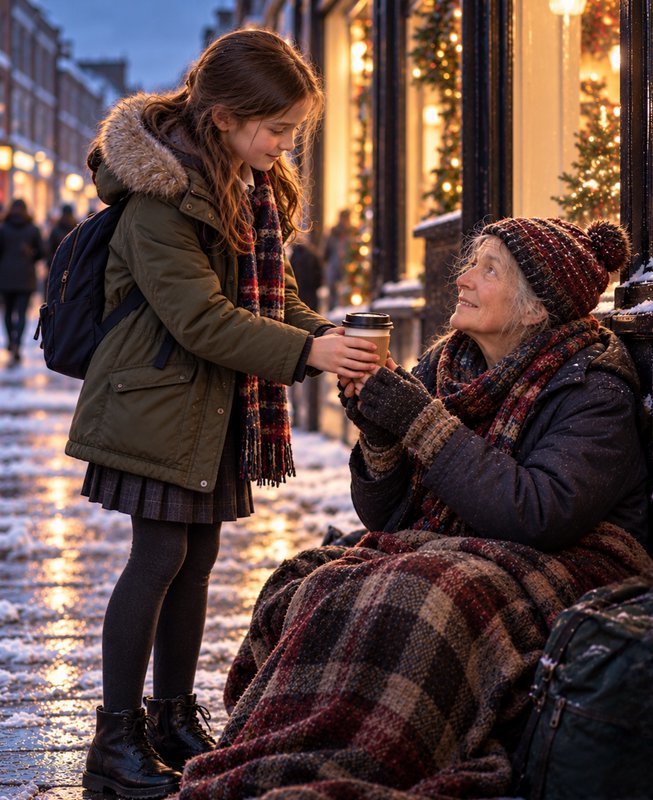 Young girl gives a hot takeaway coffee to a seated elderly woman on a snowy festive winter street