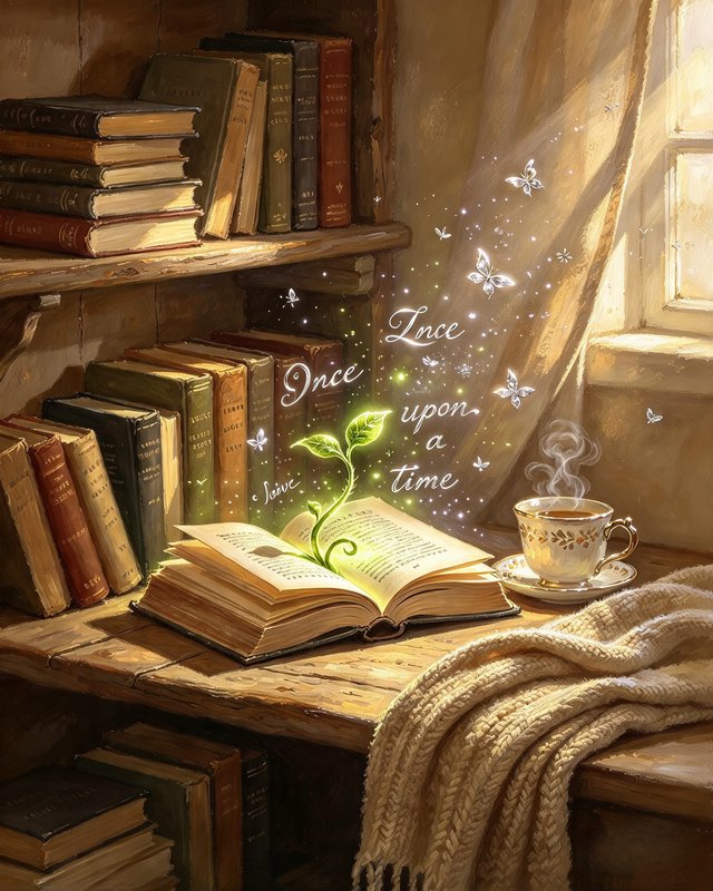 Open glowing magical fairytale book rests on a sunlit reading nook with teacup, old books, and "o...
