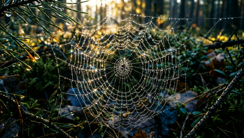 Glistening dewdrops cover an intricate orb spider web backlit by golden sunrise in a pine forest