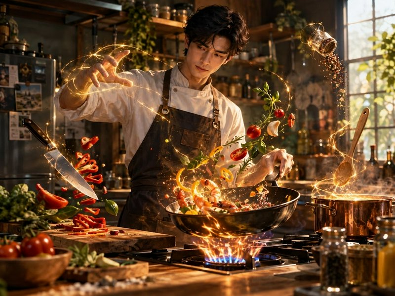 Fantasy chef uses glowing golden magic to cook stir fry, with fresh ingredients floating midair a...