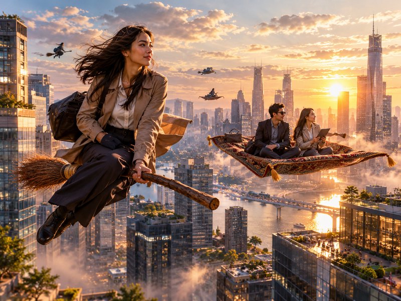 Woman rides a flying broomstick above a modern sunset city, alongside coworkers traveling on an o...