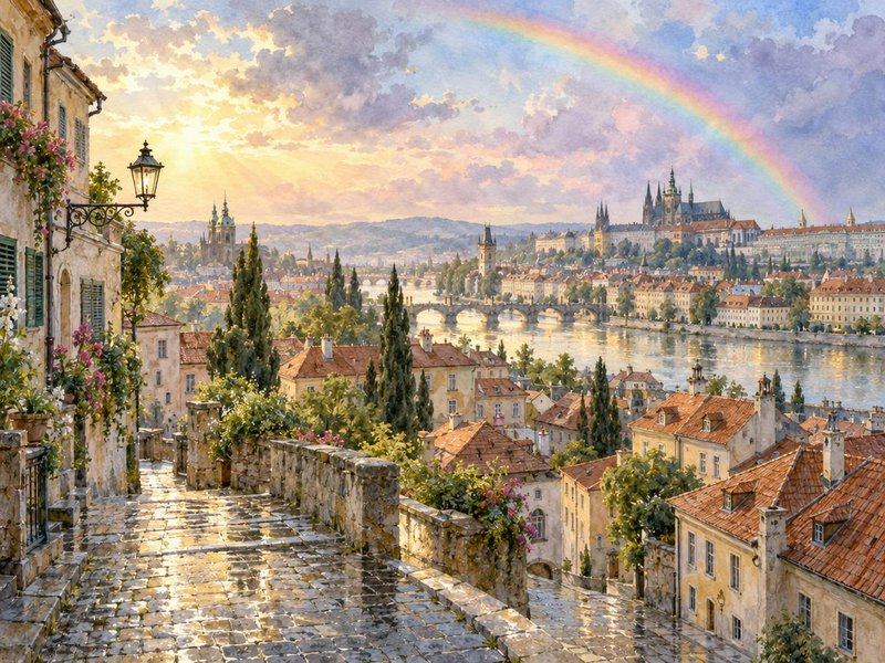Watercolor view of Prague cityscape with rainbow over the Vltava river at golden sunset from a hi...