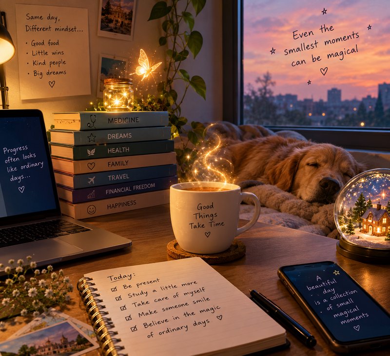 Cozy sunset home desk setup with napping golden retriever, motivational quotes, warm fairy lights...