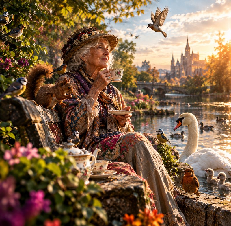 Elderly woman enjoys afternoon tea surrounded by friendly wildlife by a sunlit fairytale lakeside