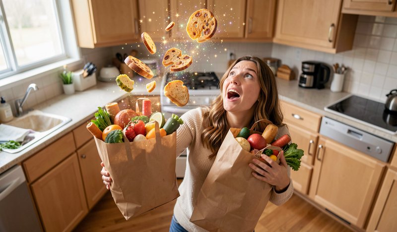 Surprised woman holding full grocery bags catches sparkling floating bread slices in a bright hom...