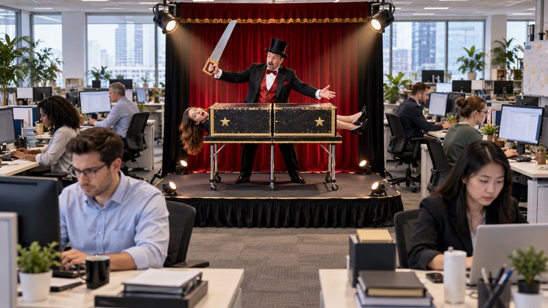 Magician performing a sawing assistant illusion on a small stage inside a busy open plan corporat...