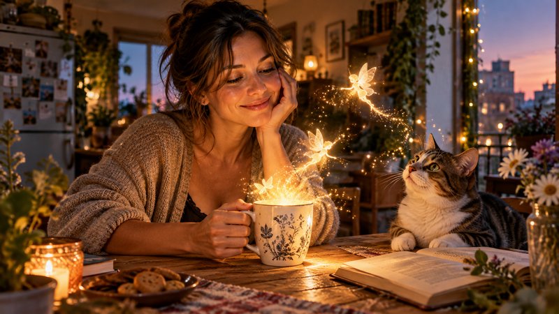 Smiling woman watches glowing fairy sprites rise from her mug, beside her tabby cat at a cozy sun...