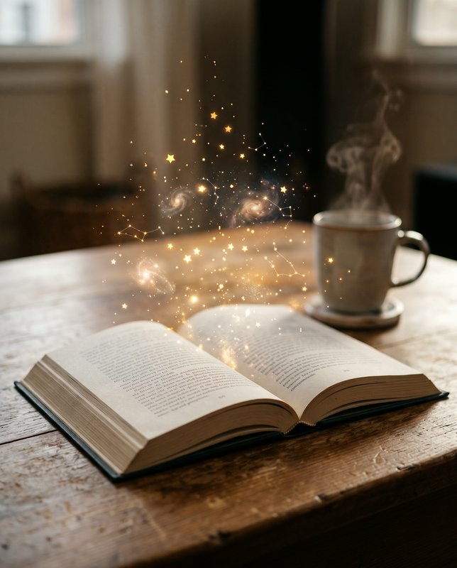 Glowing cosmic star magic drifts from an open vintage book next to a steaming coffee mug on a woo...